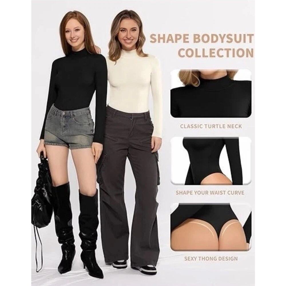 MANGOPOP Mock Turtleneck Long Sleeve Bodysuit THONG Shapewear Ribbed Size XL New - Picture 5 of 7